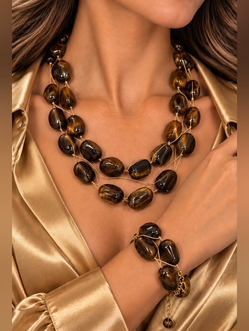 A9 Elegant Brown Bead Necklace and Bracelet Set - Women Jewelry